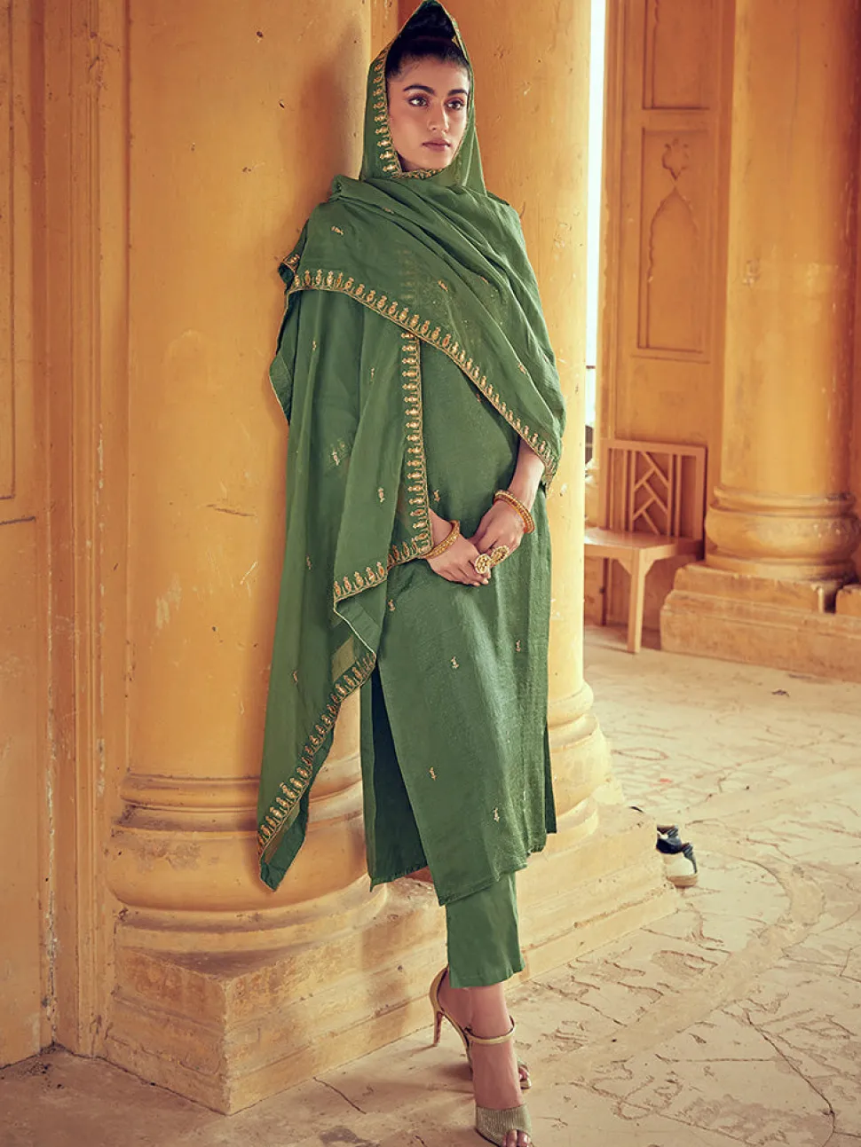 Jaipur Kurti Olive Straight Zarodosi Work Kurta With Solid Pants & Embroidered Dupatta