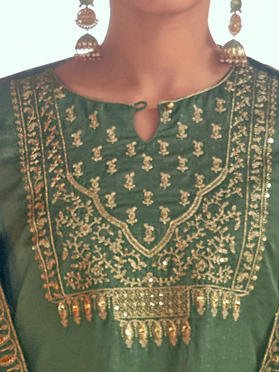 Jaipur Kurti Olive Straight Zarodosi Work Kurta With Solid Pants & Embroidered Dupatta