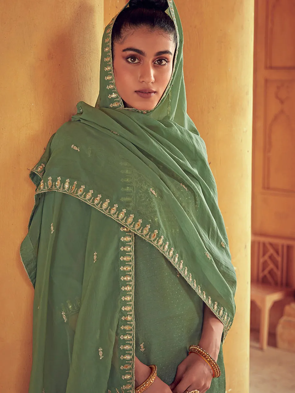 Jaipur Kurti Olive Straight Zarodosi Work Kurta With Solid Pants & Embroidered Dupatta