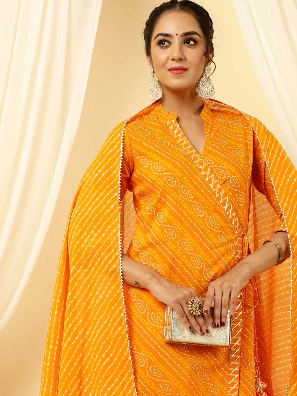 Jaipur Kurti Bandhani Angrakha Kurta With Leheriya Pants And Dupatta