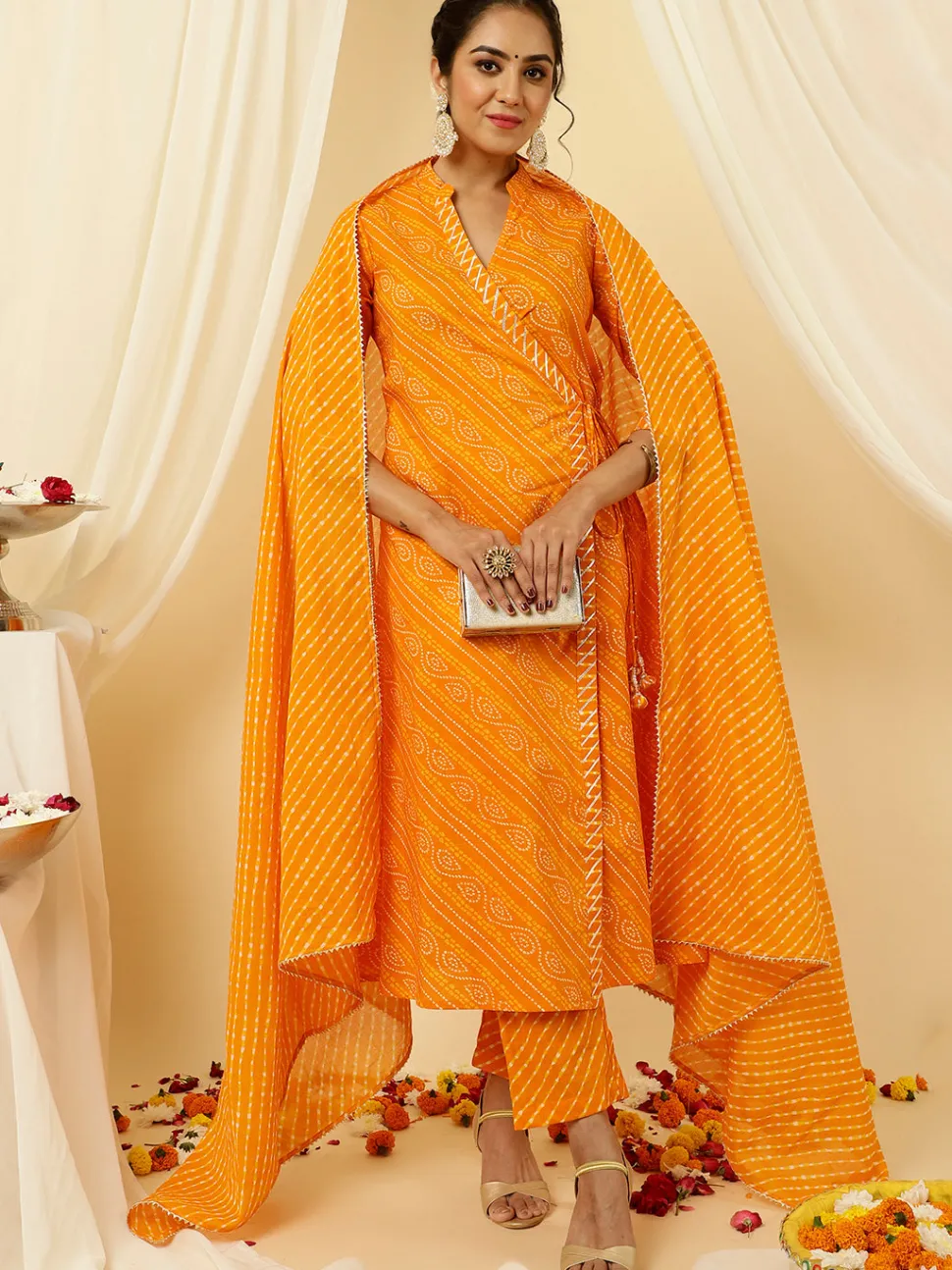 Jaipur Kurti Bandhani Angrakha Kurta With Leheriya Pants And Dupatta