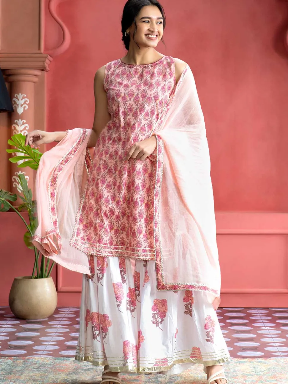 Jaipur Kurti Ethnic Floral Printed Straight Kurta With White Printed Sharara And Dupatta