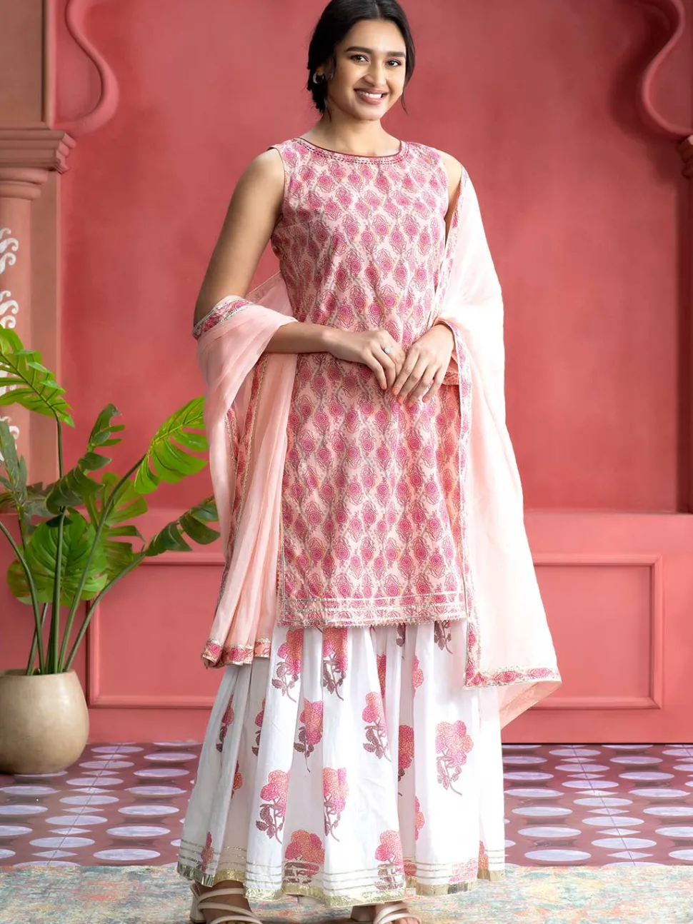 Jaipur Kurti Ethnic Floral Printed Straight Kurta With White Printed Sharara And Dupatta