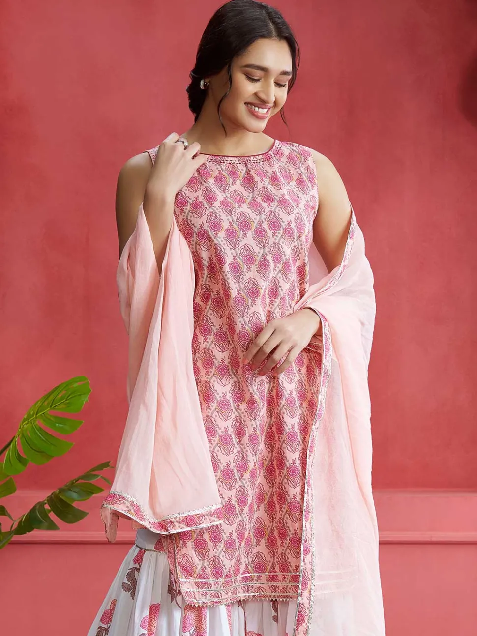 Jaipur Kurti Ethnic Floral Printed Straight Kurta With White Printed Sharara And Dupatta