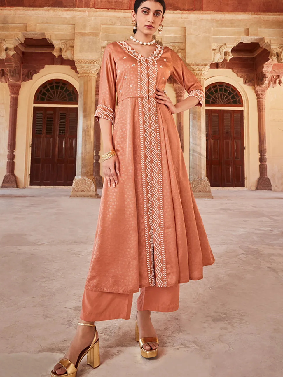 Jaipur Kurti Jaquard Hand Embroidered Anarkali Flared Kurta With Solid Palazzo