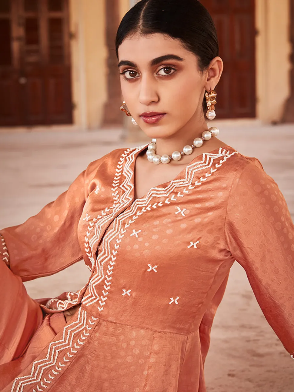 Jaipur Kurti Jaquard Hand Embroidered Anarkali Flared Kurta With Solid Palazzo
