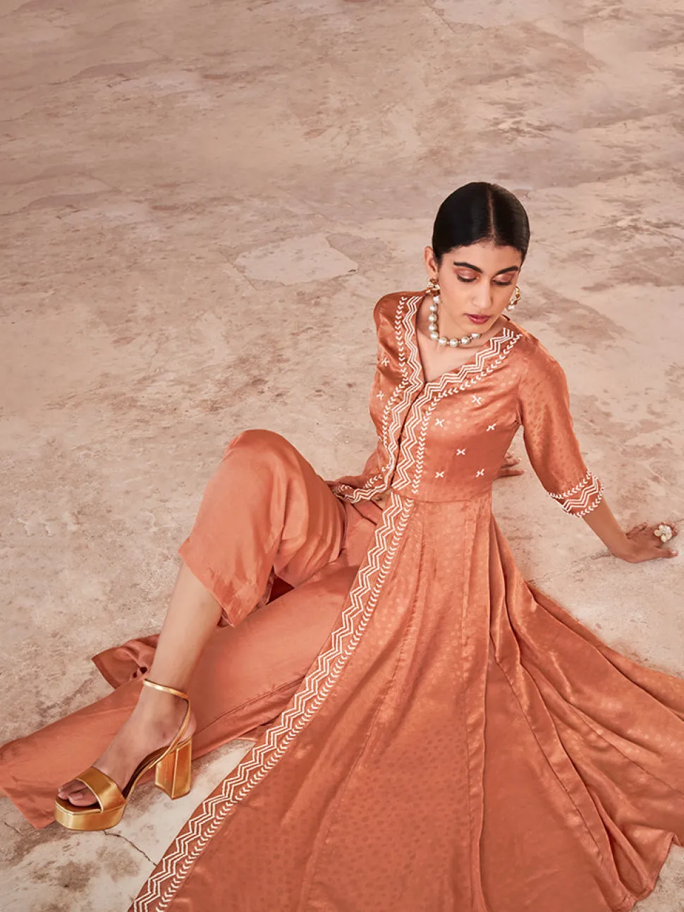 Jaipur Kurti Jaquard Hand Embroidered Anarkali Flared Kurta With Solid Palazzo