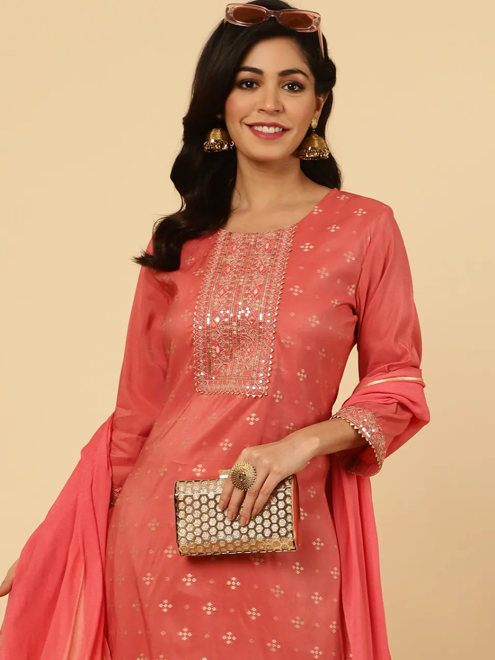 Jaipur Kurti Mirror Work Chanderi Straight Kurta With Pants And Dupatta