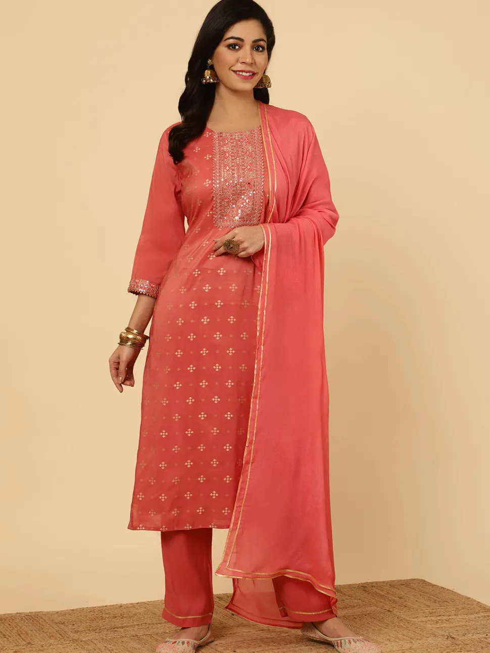 Jaipur Kurti Mirror Work Chanderi Straight Kurta With Pants And Dupatta