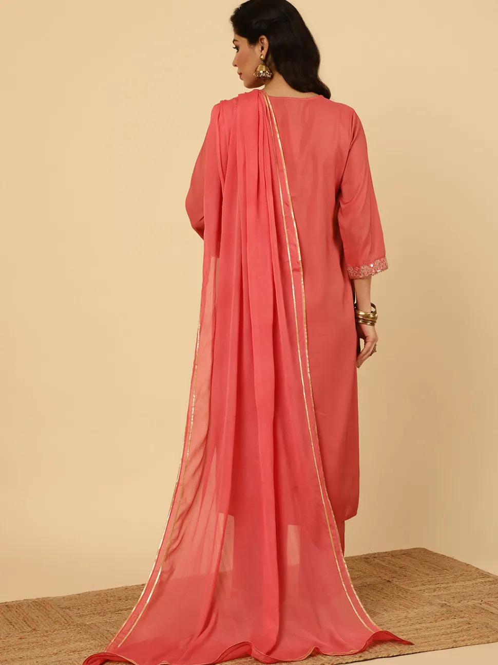 Jaipur Kurti Mirror Work Chanderi Straight Kurta With Pants And Dupatta