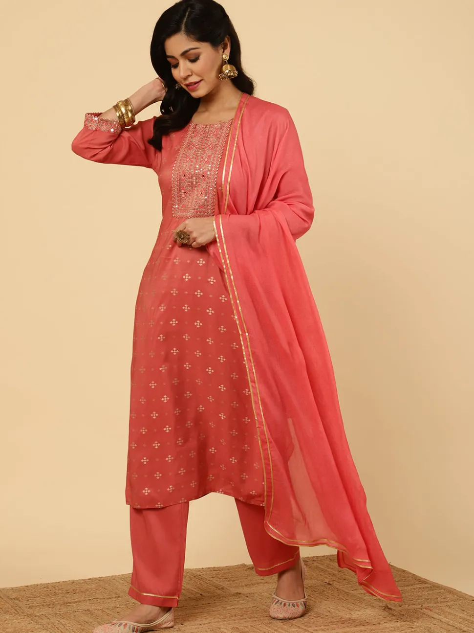 Jaipur Kurti Mirror Work Chanderi Straight Kurta With Pants And Dupatta