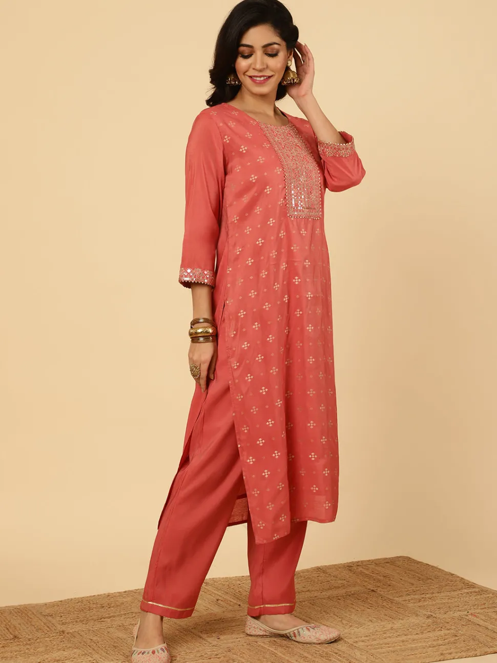 Jaipur Kurti Mirror Work Chanderi Straight Kurta With Pants And Dupatta