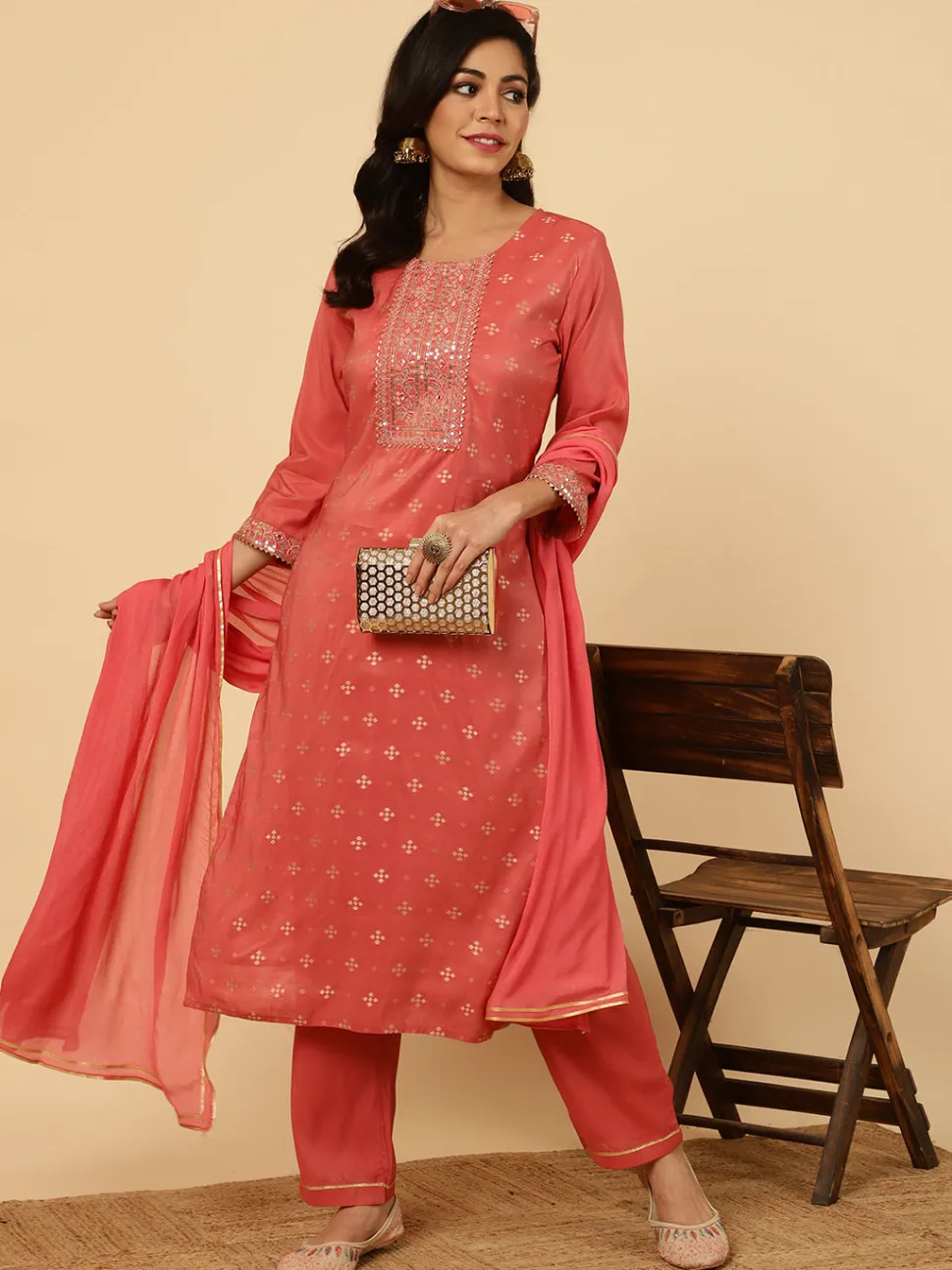 Jaipur Kurti Mirror Work Chanderi Straight Kurta With Pants And Dupatta