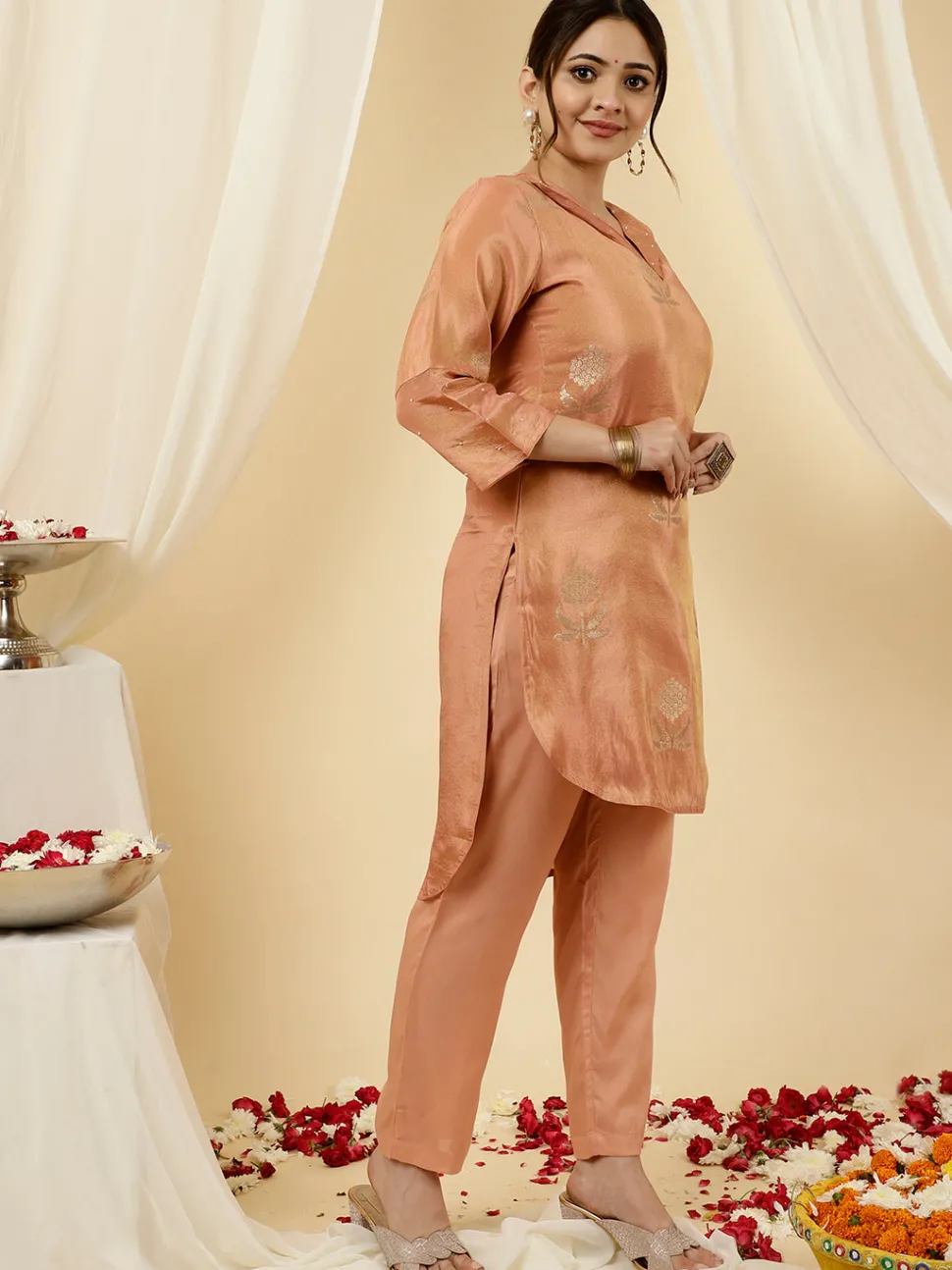 Jaipur Kurti Pure Jacquard Silk Beadwork Kurta With Pants Co-ord Set