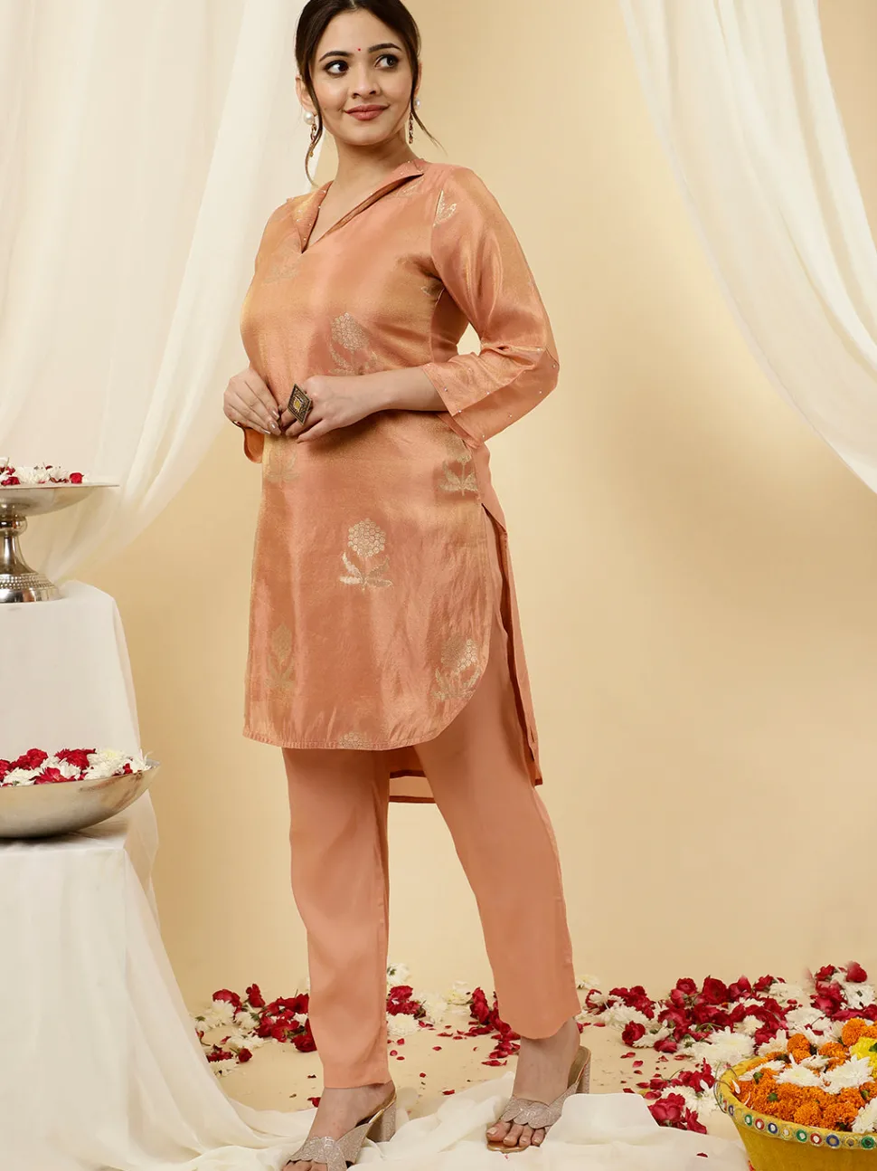 Jaipur Kurti Pure Jacquard Silk Beadwork Kurta With Pants Co-ord Set