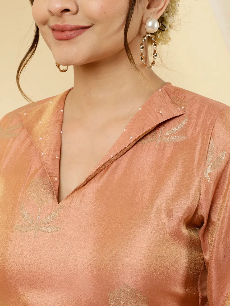 Jaipur Kurti Pure Jacquard Silk Beadwork Kurta With Pants Co-ord Set