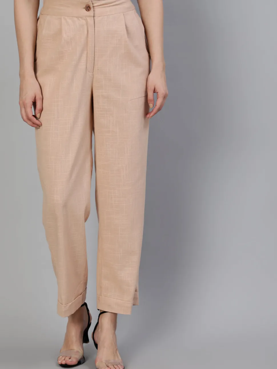 Jaipur Kurti Pink Clay Cotton Slub Straight High Rise Bottom Fold Pants
