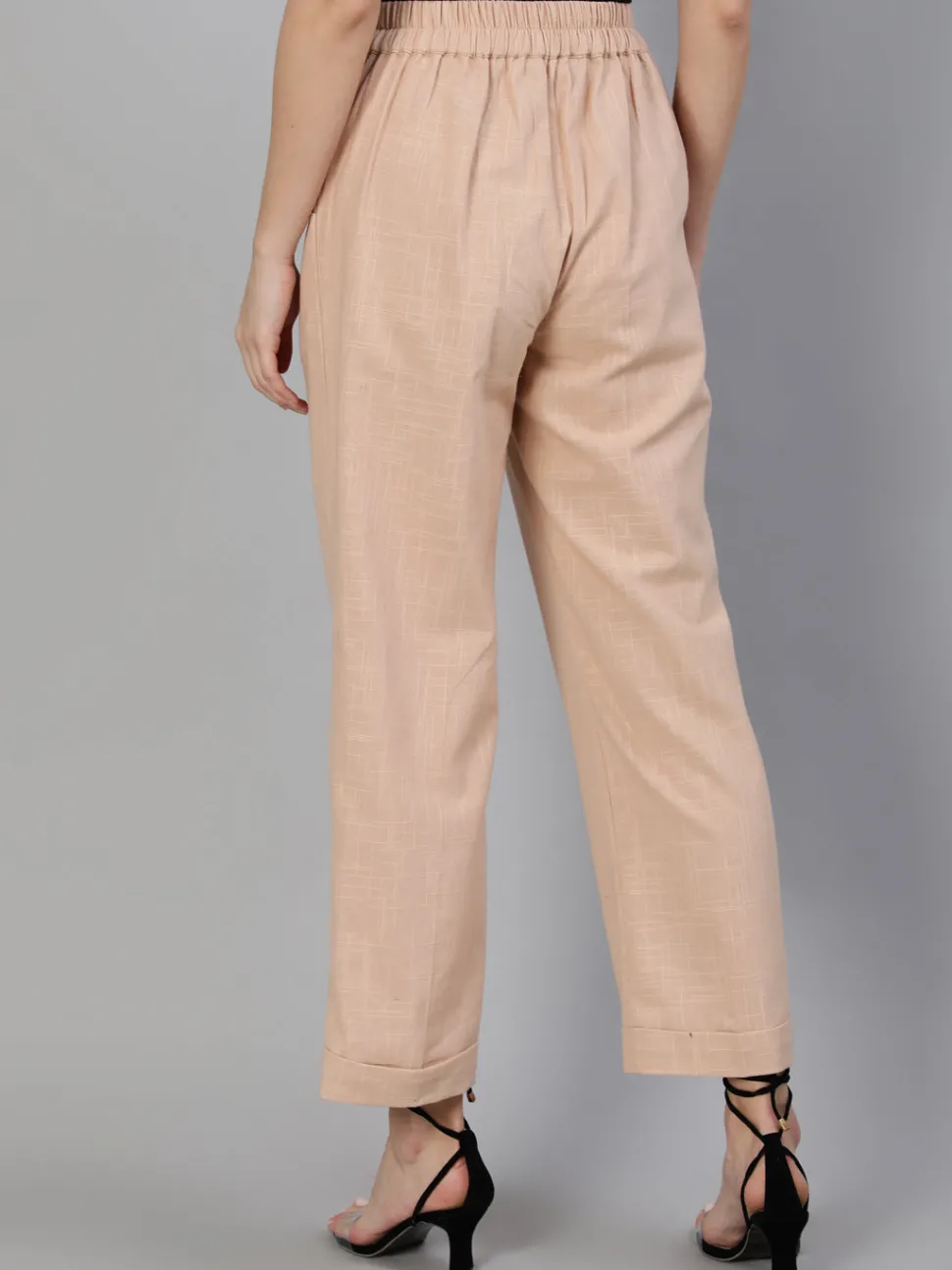 Jaipur Kurti Pink Clay Cotton Slub Straight High Rise Bottom Fold Pants