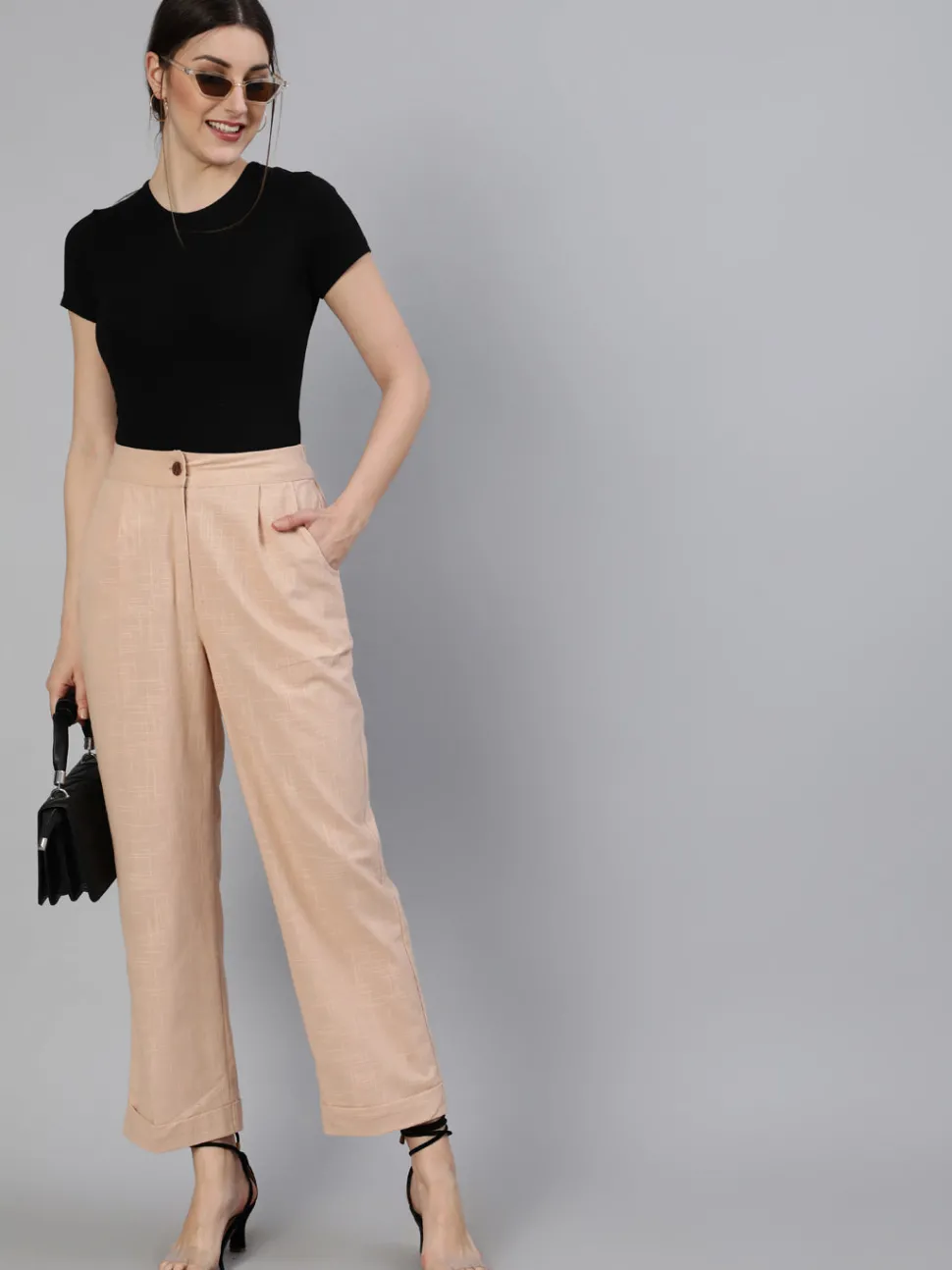 Jaipur Kurti Pink Clay Cotton Slub Straight High Rise Bottom Fold Pants