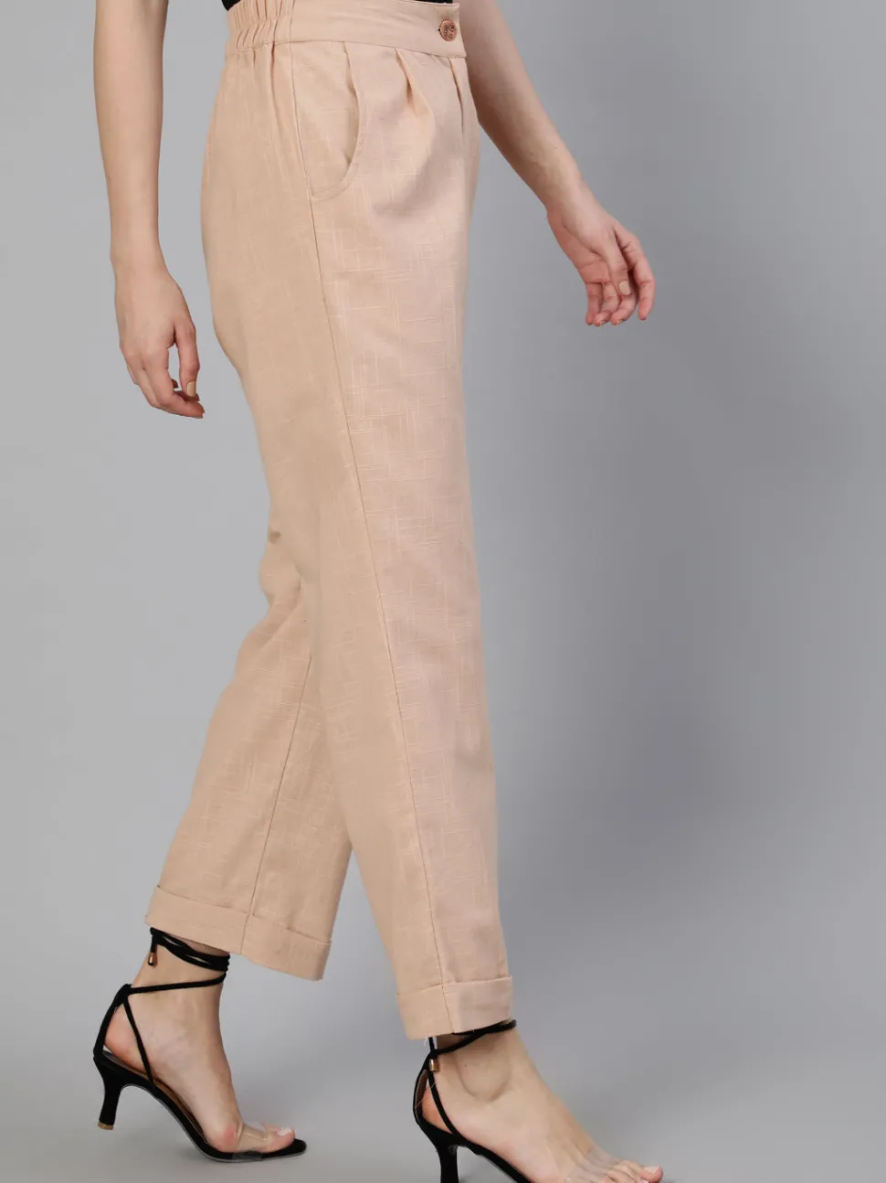 Jaipur Kurti Pink Clay Cotton Slub Straight High Rise Bottom Fold Pants