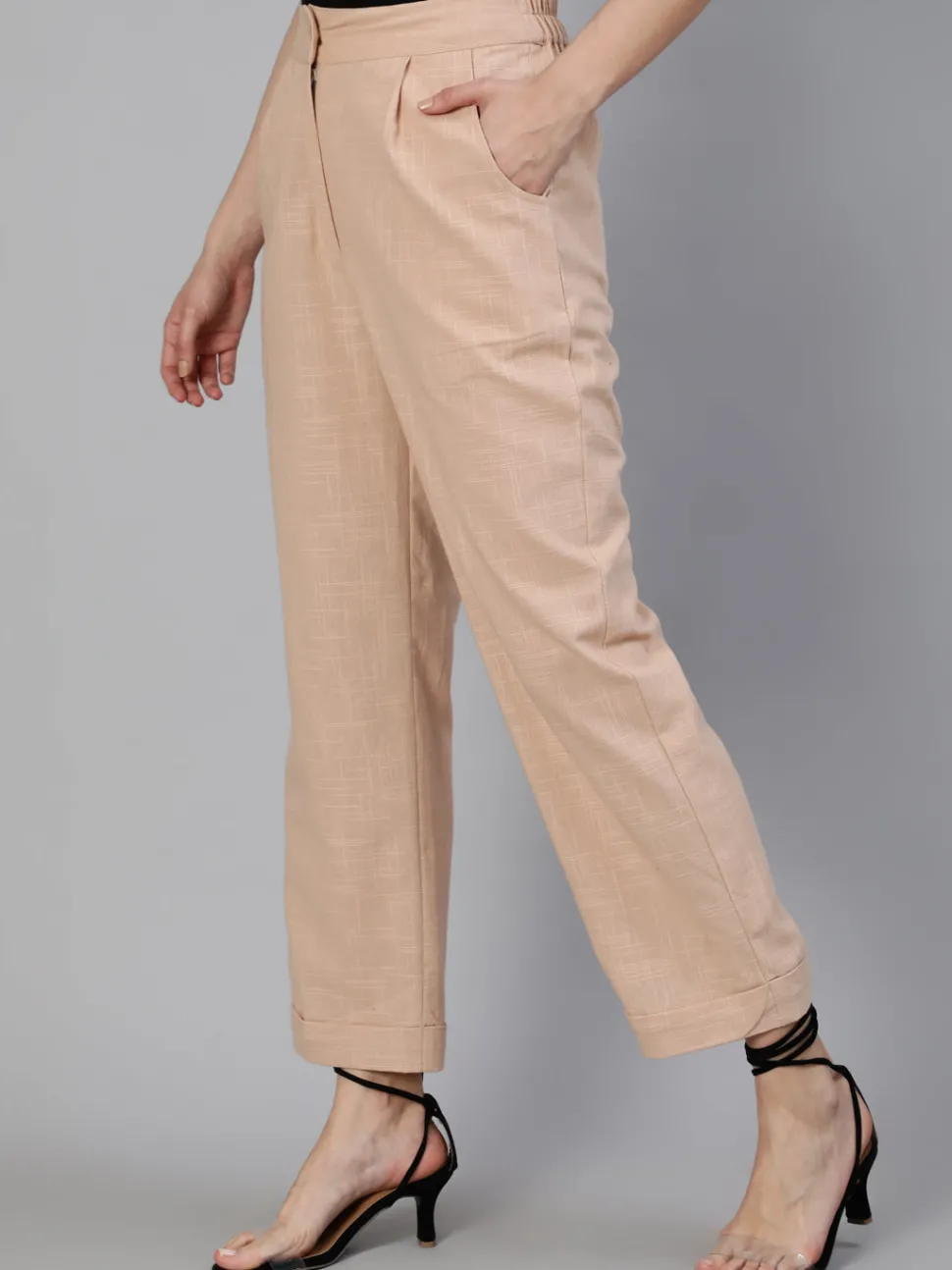 Jaipur Kurti Pink Clay Cotton Slub Straight High Rise Bottom Fold Pants