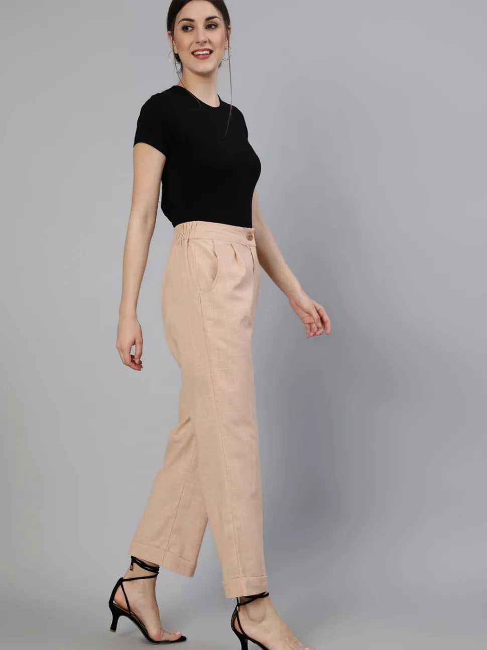Jaipur Kurti Pink Clay Cotton Slub Straight High Rise Bottom Fold Pants