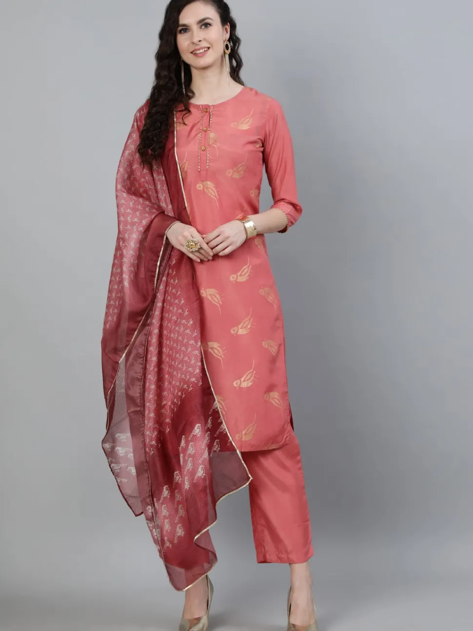 Jaipur Kurti Pink Ethnic Motifs Print Silk Blend Kurta with Pants & Dupatta