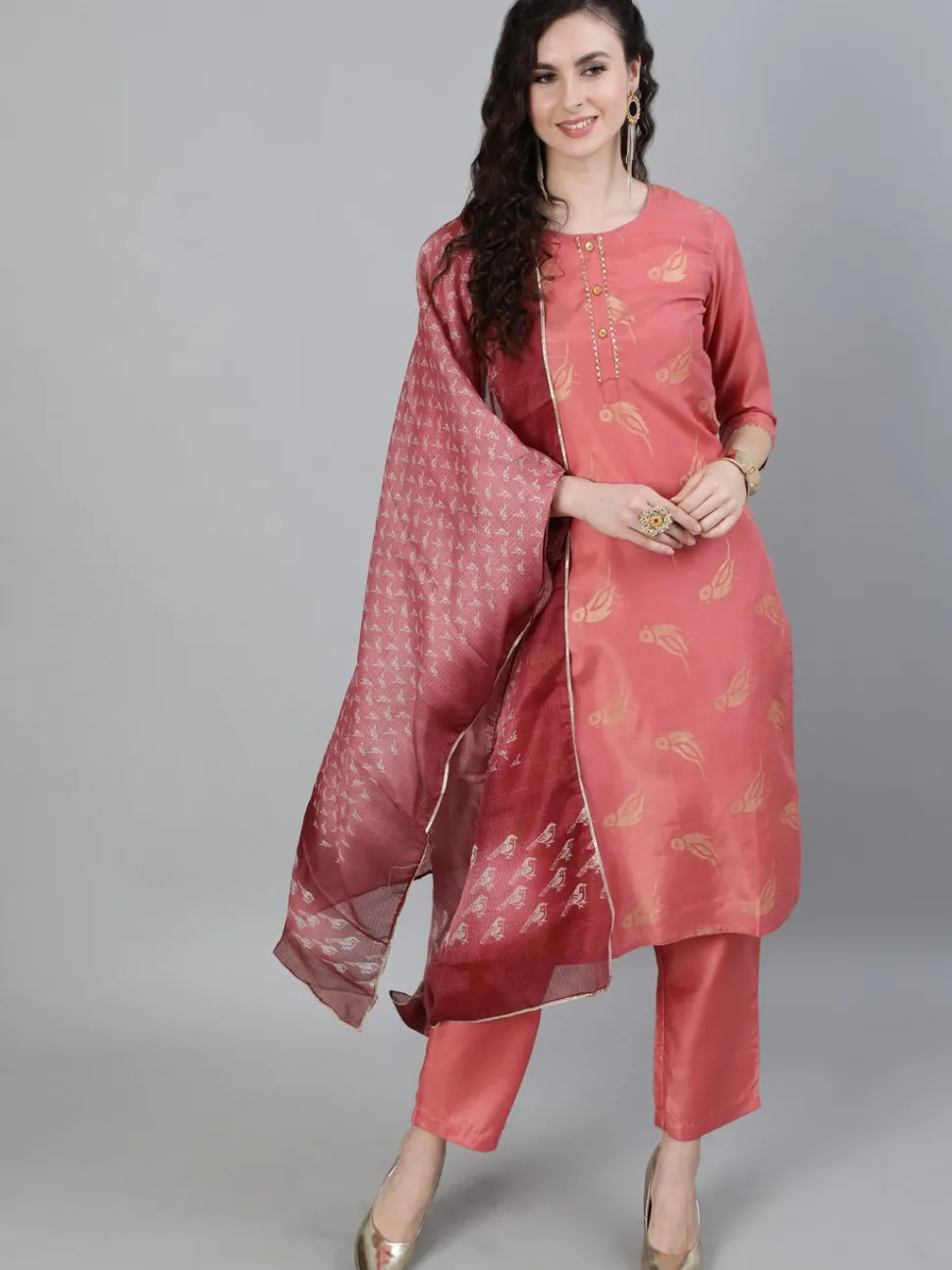 Jaipur Kurti Pink Ethnic Motifs Print Silk Blend Kurta with Pants & Dupatta