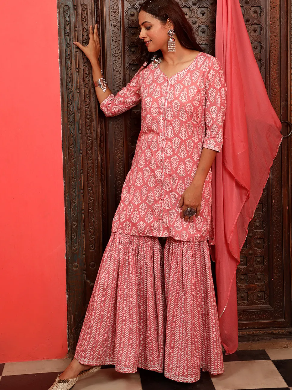 Jaipur Kurti Ethnic Printed Straight Kurta With Sharara And Chiffon Dupatta