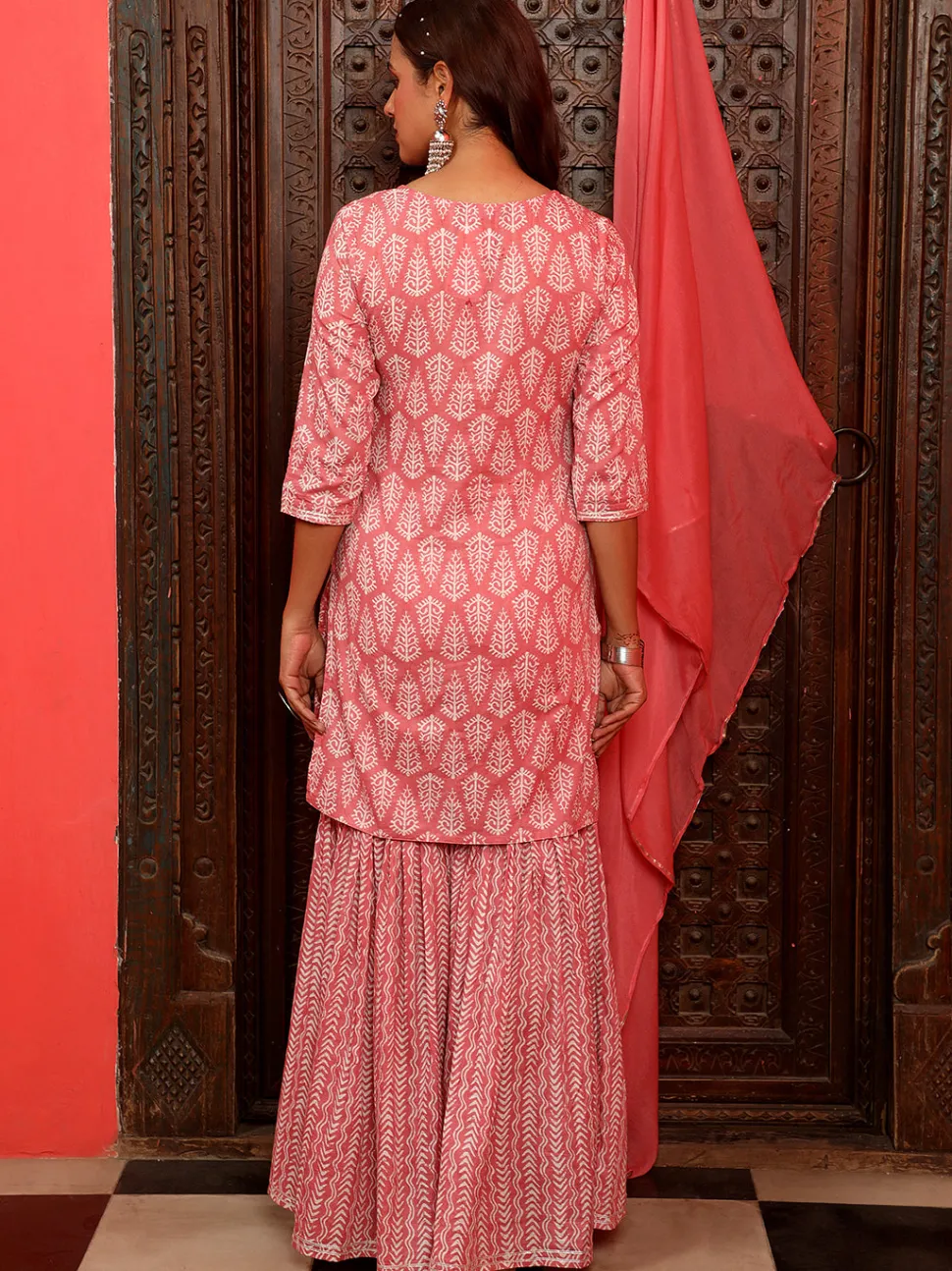 Jaipur Kurti Ethnic Printed Straight Kurta With Sharara And Chiffon Dupatta