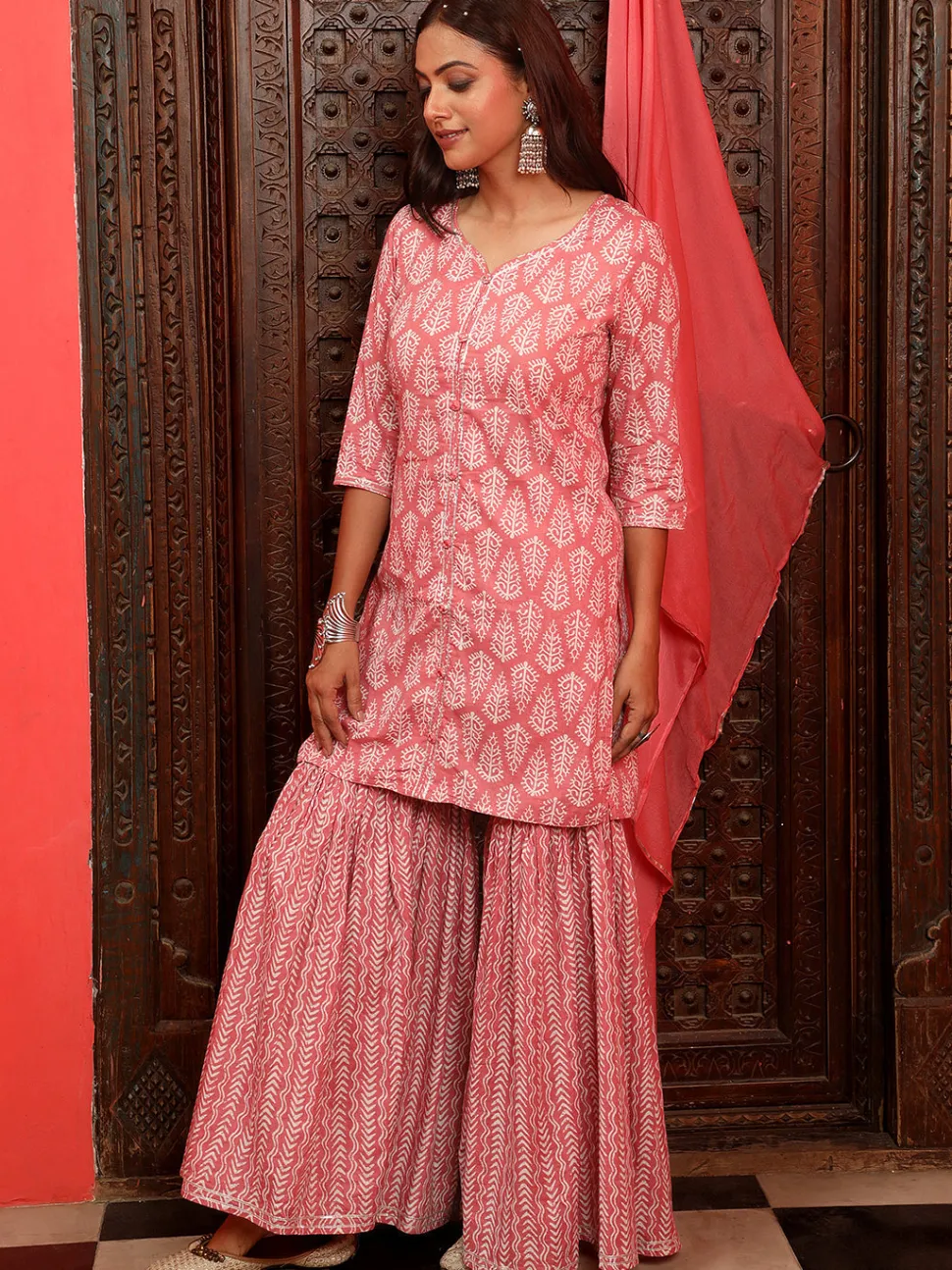 Jaipur Kurti Ethnic Printed Straight Kurta With Sharara And Chiffon Dupatta