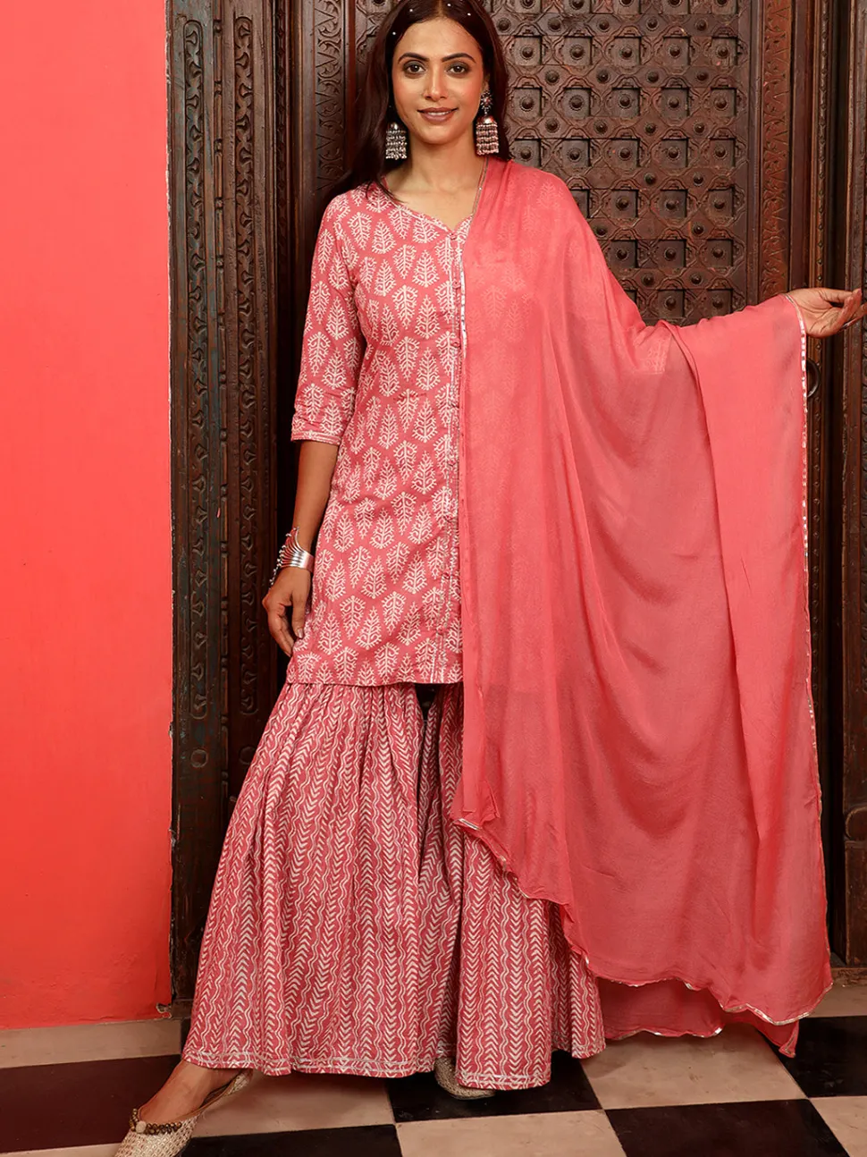 Jaipur Kurti Ethnic Printed Straight Kurta With Sharara And Chiffon Dupatta