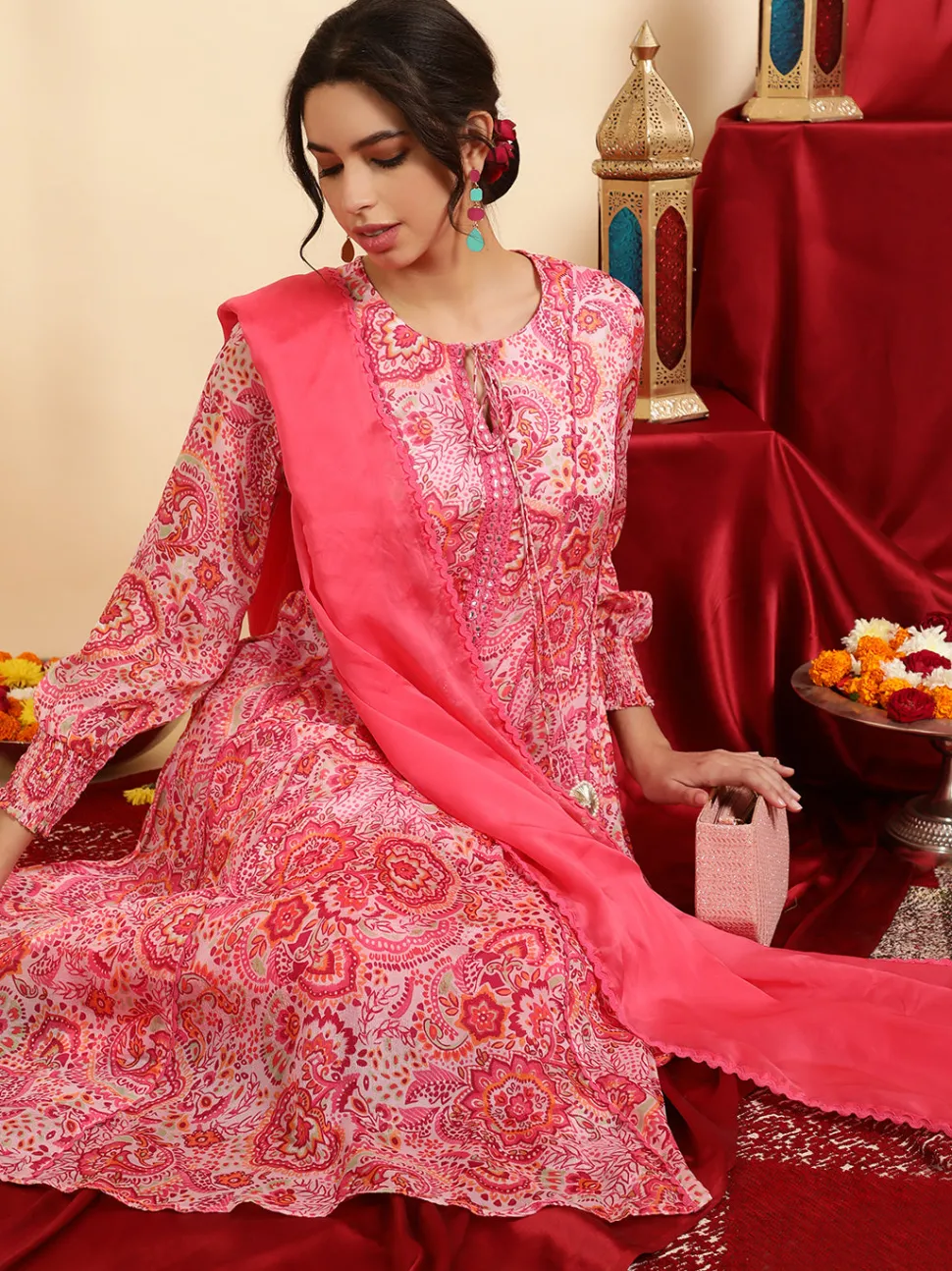 Jaipur Kurti Floral Printed Mirror Work Anarkali Kurta With Pants And Dupatta