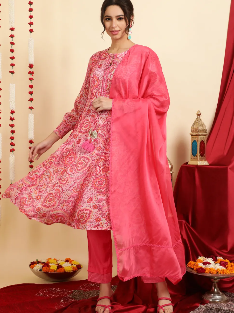 Jaipur Kurti Floral Printed Mirror Work Anarkali Kurta With Pants And Dupatta