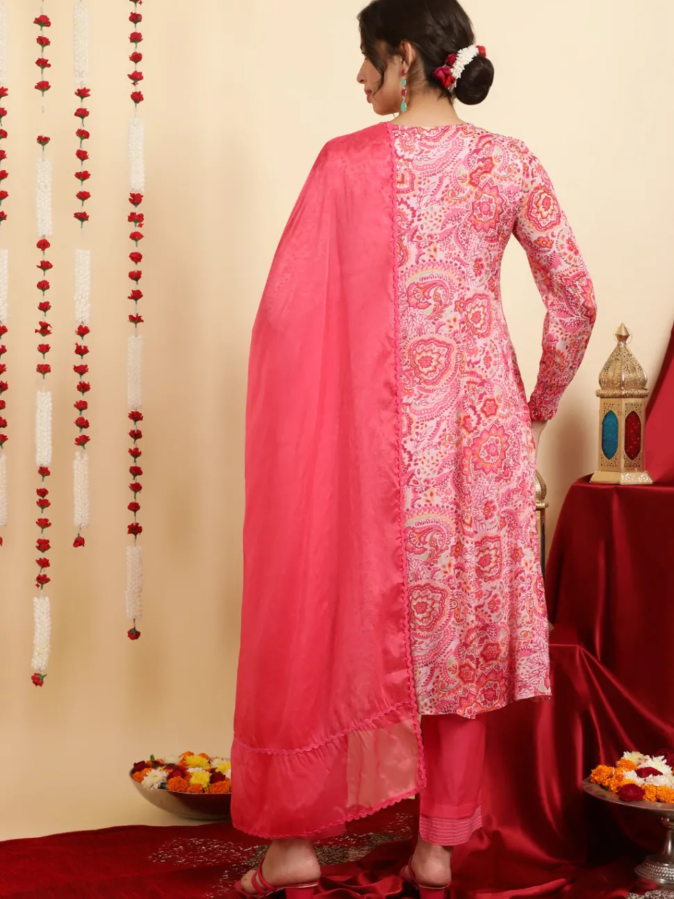Jaipur Kurti Floral Printed Mirror Work Anarkali Kurta With Pants And Dupatta