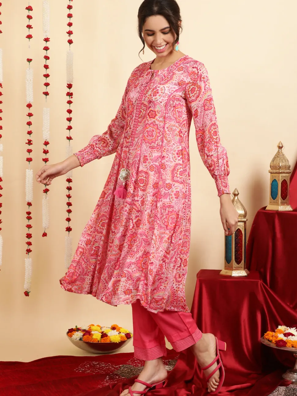 Jaipur Kurti Floral Printed Mirror Work Anarkali Kurta With Pants And Dupatta