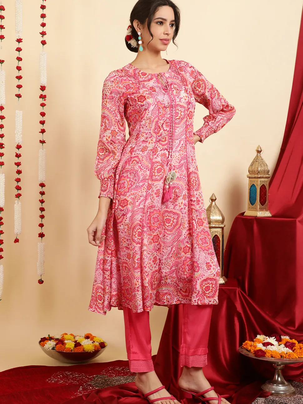 Jaipur Kurti Floral Printed Mirror Work Anarkali Kurta With Pants And Dupatta