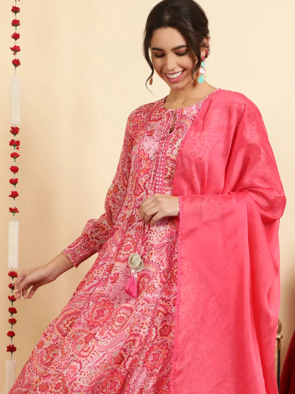 Jaipur Kurti Floral Printed Mirror Work Anarkali Kurta With Pants And Dupatta