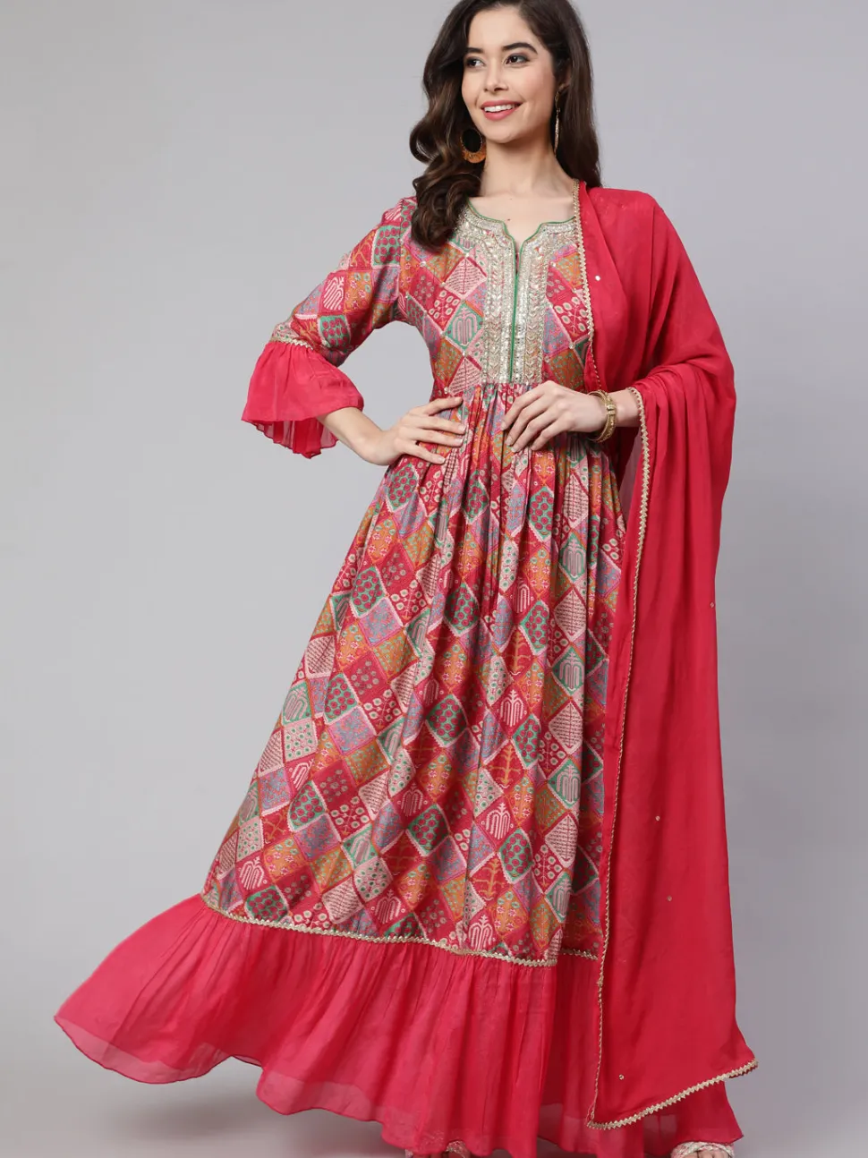 Jaipur Kurti Muslin Digital Printed Embroidered Flared Kurta With Solid Dupatta