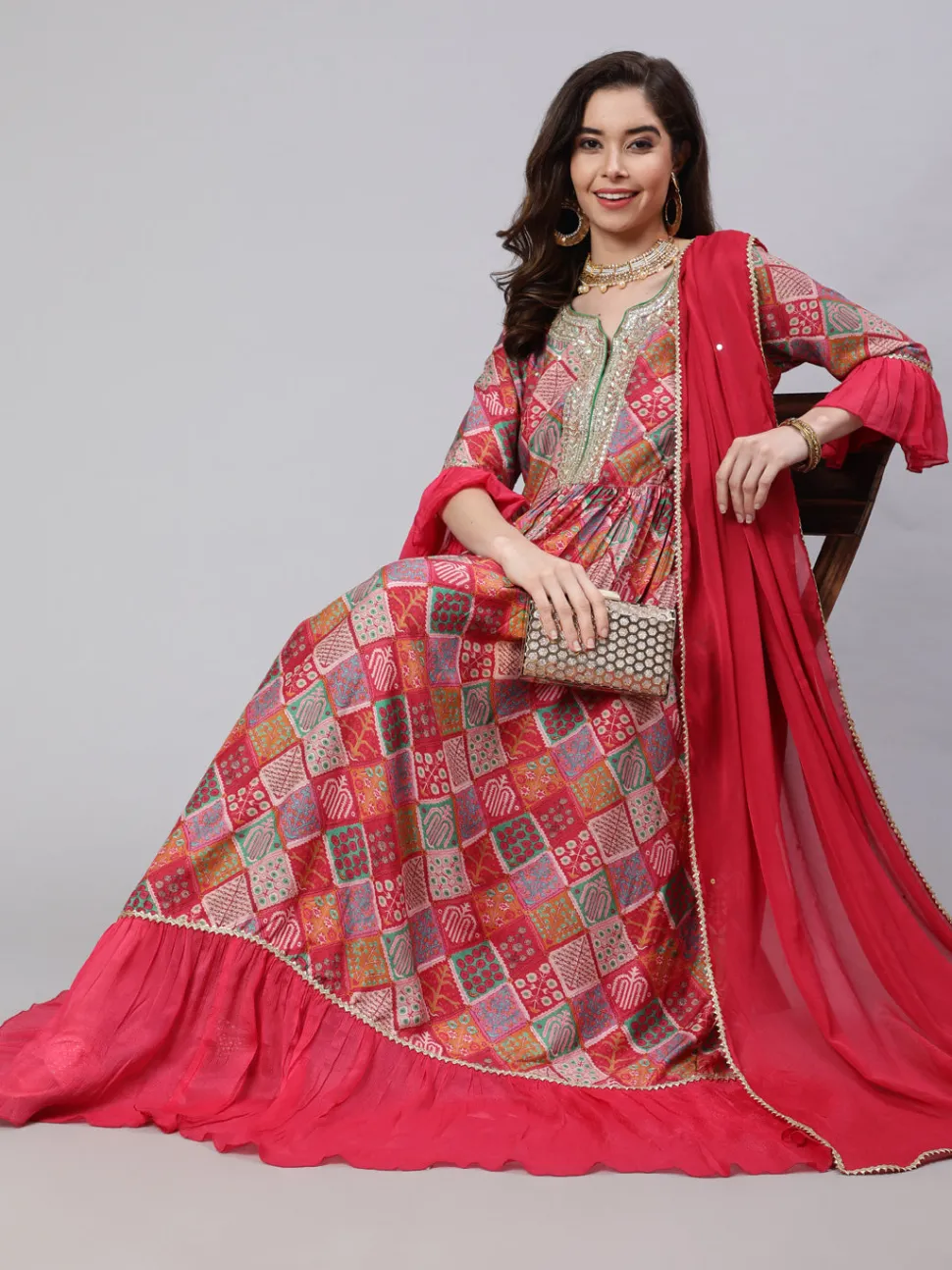 Jaipur Kurti Muslin Digital Printed Embroidered Flared Kurta With Solid Dupatta