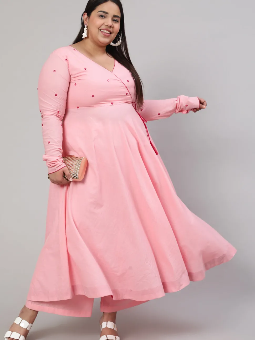 Jaipur Kurti Plus Size Mirror Embroidered Anarkali Kurta With Flared Palazzo