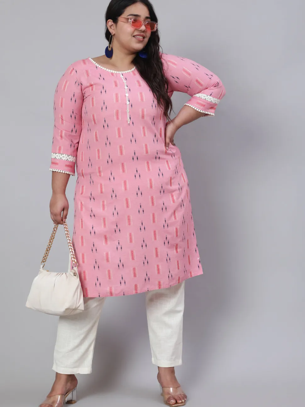 Jaipur Kurti Plus Size Self-Weaved Straight Kurta With Lace Detail