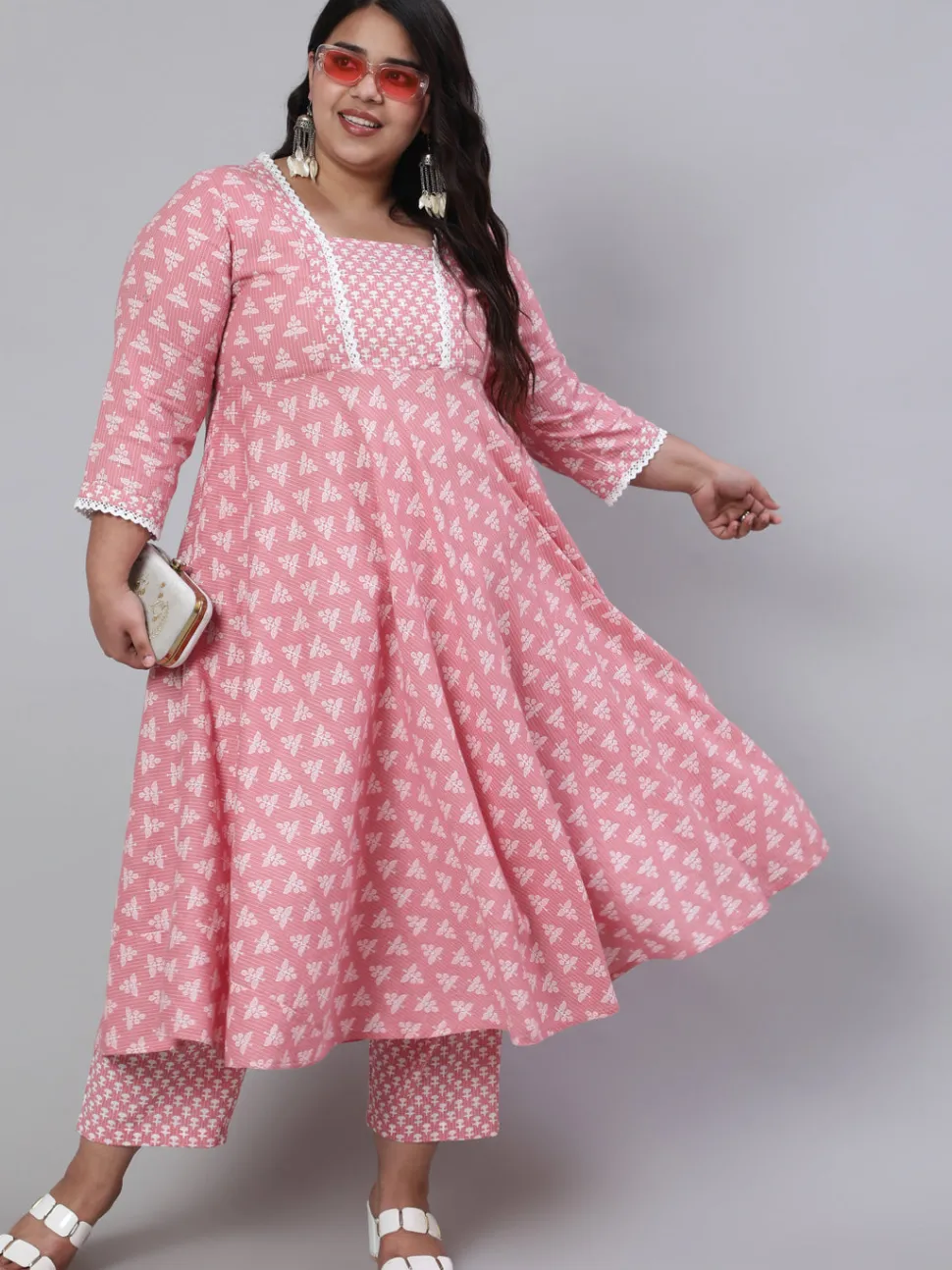 Jaipur Kurti Plus Size Woven Ethnic Print Embroidered Flared Laced Kurta With Printed Palazzo