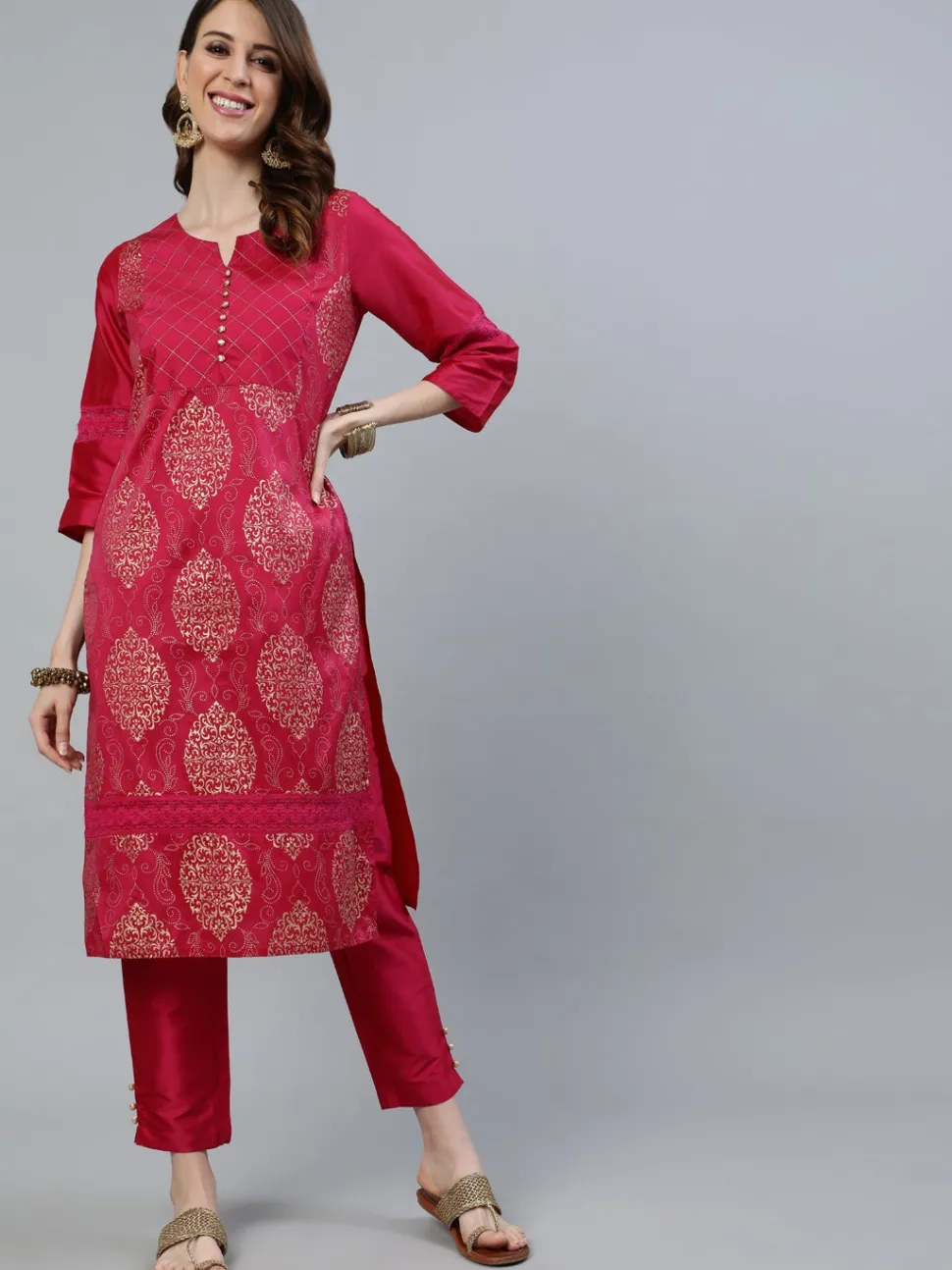 Jaipur Kurti Pink Printed Straight Thread & Lace Work Kurta with Pants