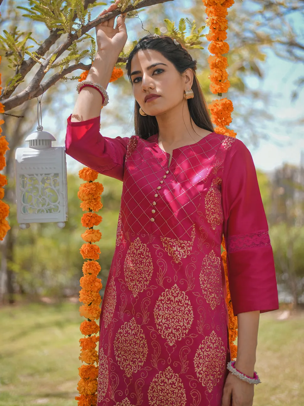 Jaipur Kurti Pink Printed Straight Thread & Lace Work Kurta with Pants