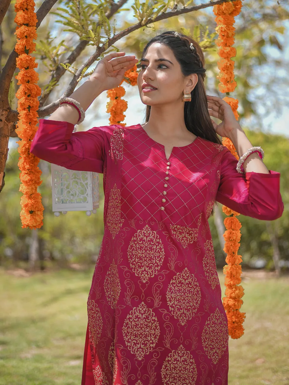 Jaipur Kurti Pink Printed Straight Thread & Lace Work Kurta with Pants