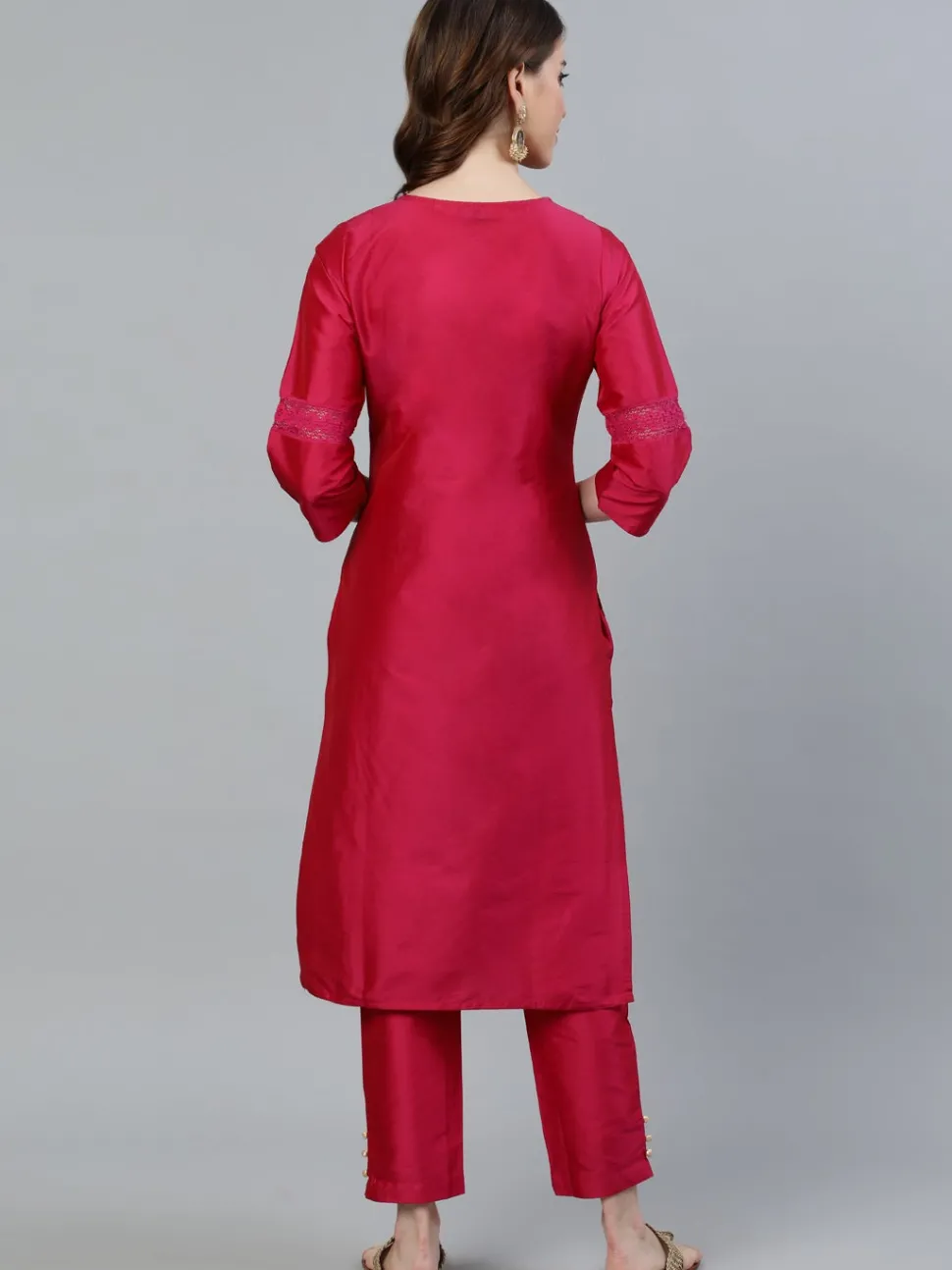 Jaipur Kurti Pink Printed Straight Thread & Lace Work Kurta with Pants