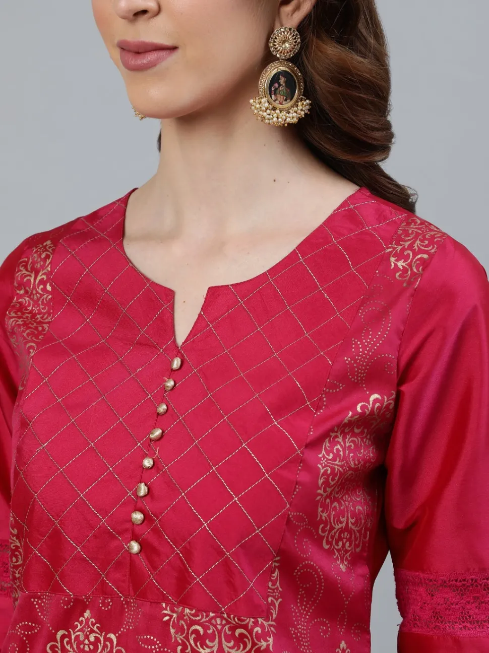 Jaipur Kurti Pink Printed Straight Thread & Lace Work Kurta with Pants