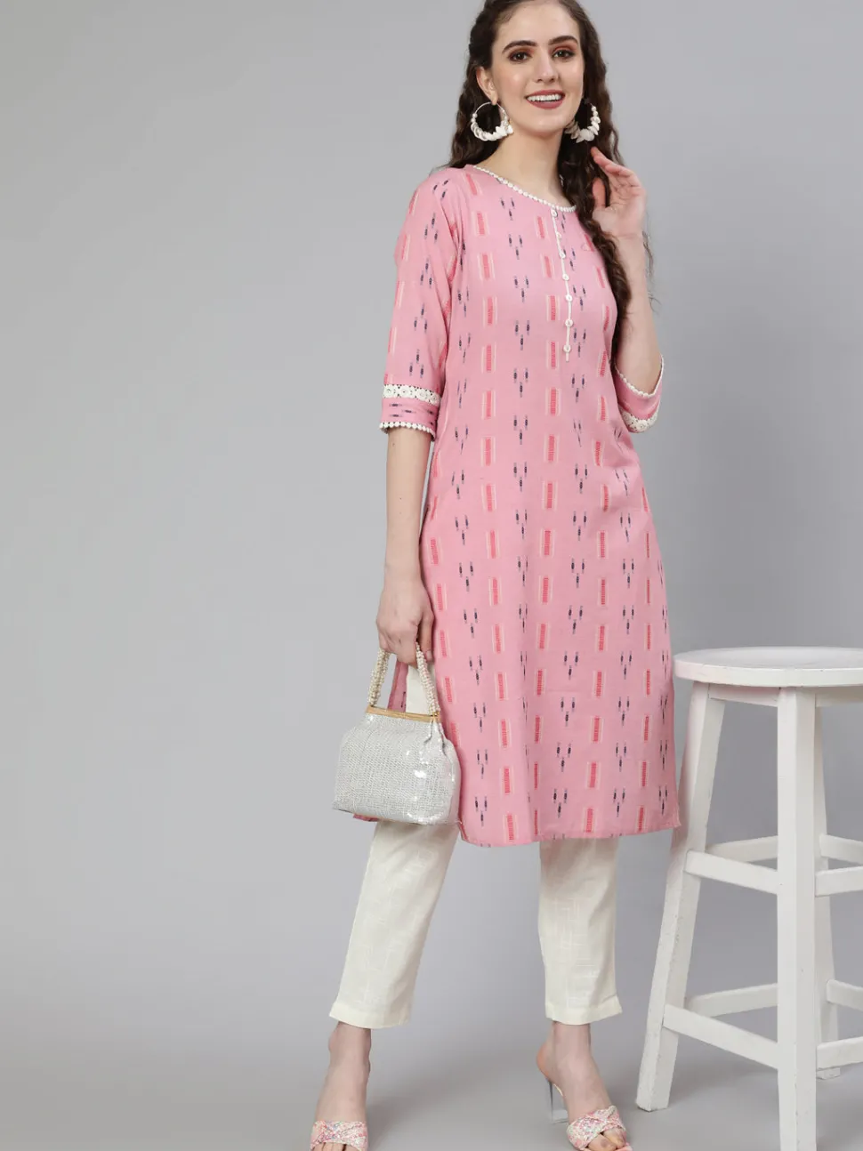 Jaipur Kurti Self Weaved Straight Kurta With Lace Detail And Off-White Pants