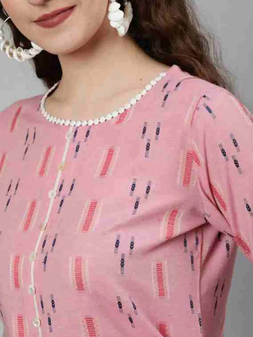 Jaipur Kurti Self Weaved Straight Kurta With Lace Detail And Off-White Pants
